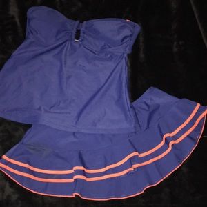 Navy and Orange tankini set with skirt bottom.